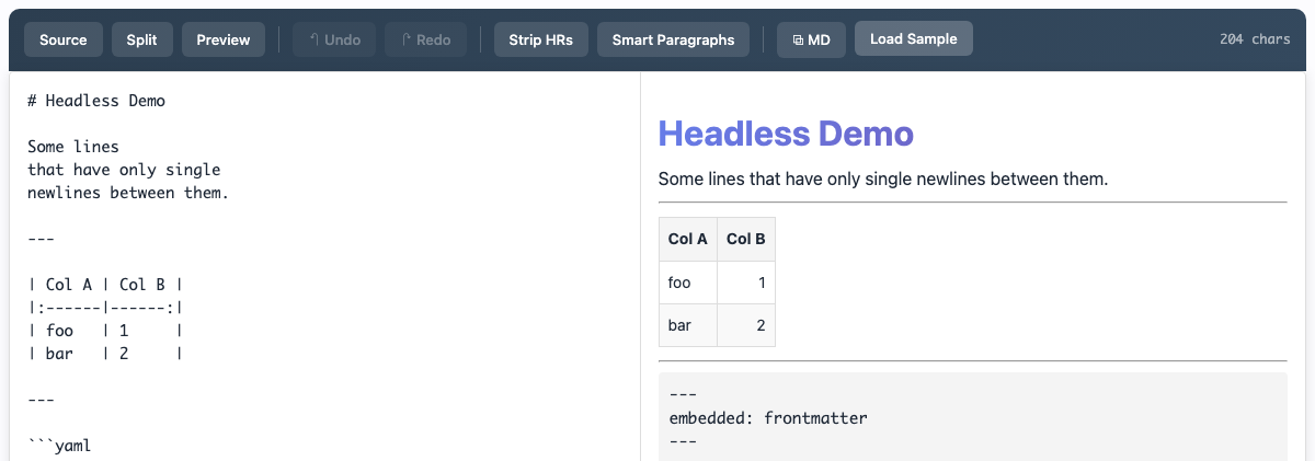 quikdown editor in headless mode with a custom toolbar