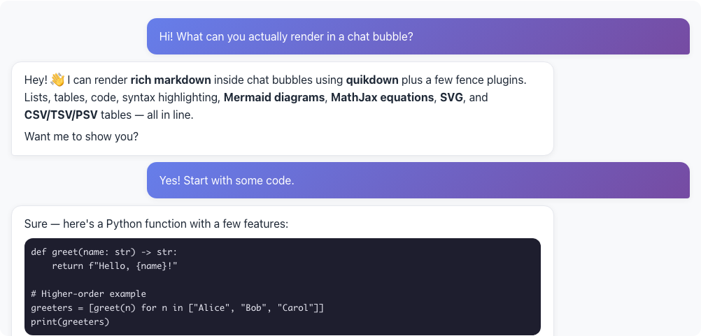 quikchat using quikdown to render markdown inside chat bubbles